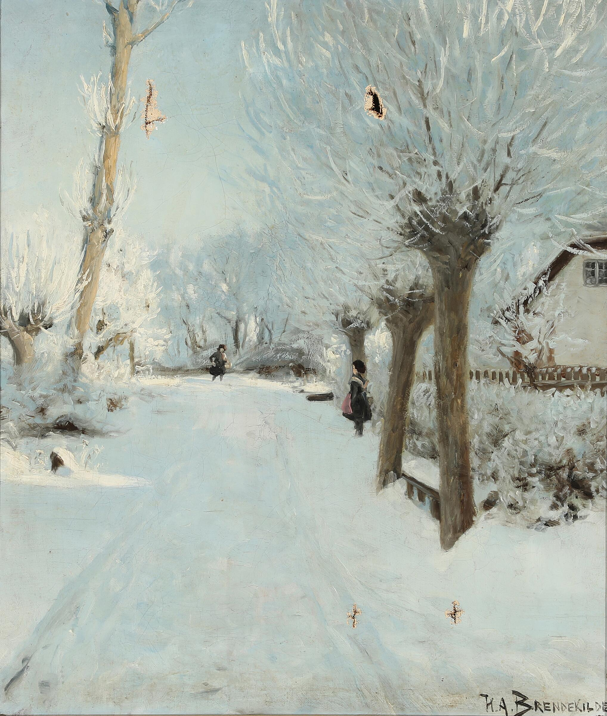 Une route ensoleillée et enneigée avec deux enfants. - H. A. Brendekilde