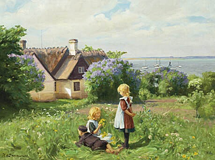 L'été au fjord de Roskilde, les enfants fabriquent des couronnes de fleurs. - H. A. Brendekilde