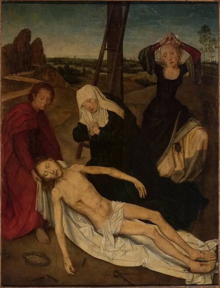 Triptyykki, keskusta: Ristiä itkevän Kristuksen kuva Pyhän Marian, Pyhän Johanneksen ja Pyhä Marie-Magdalenen kanssa - Hans Memling