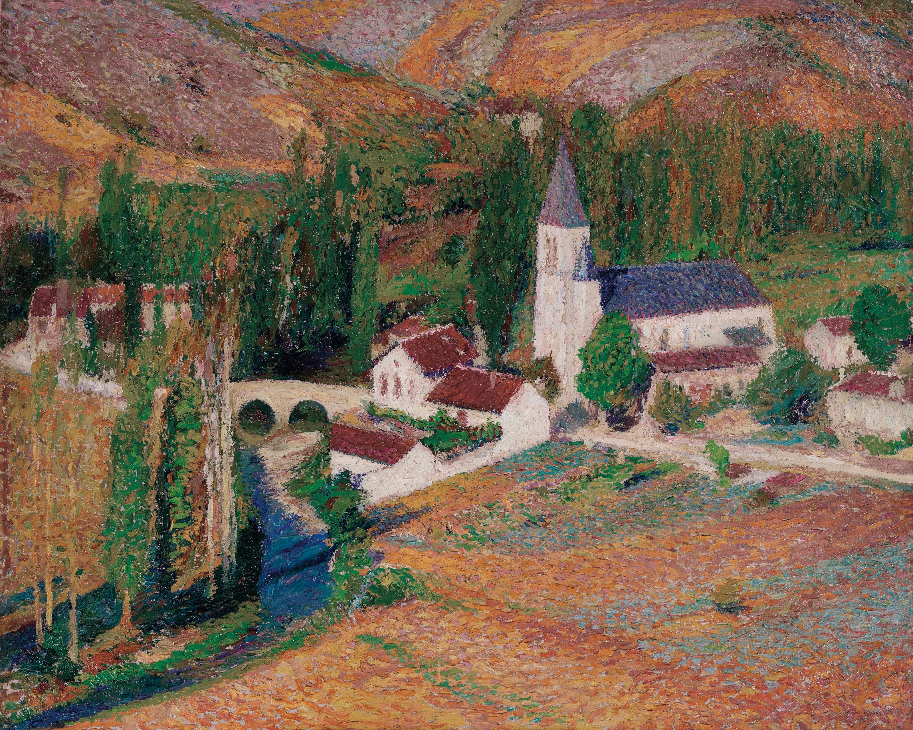 L’église de Labastide-du-Vert avec le pont et la rivière, un soir d’automne - Henri-Jean Guillaume Martin