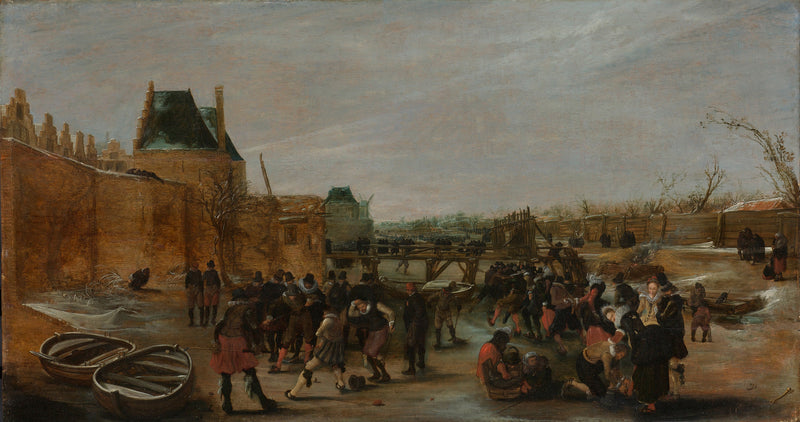 Gambader sur un canal gelé dans une ville - Hendrick Avercamp