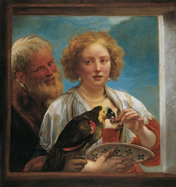 Un homme barbu et une femme donnent des cerises à un perroquet - Jacob Jordaens1