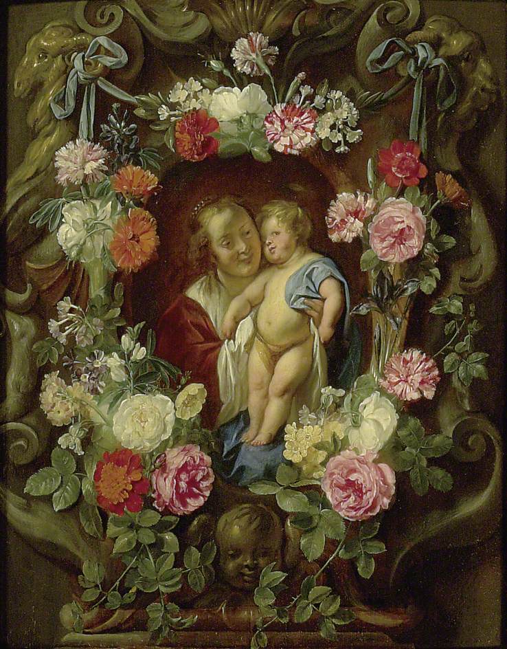 La Vierge à l'Enfant dans un cartouche orné de fleurs - Jacob Jordaens