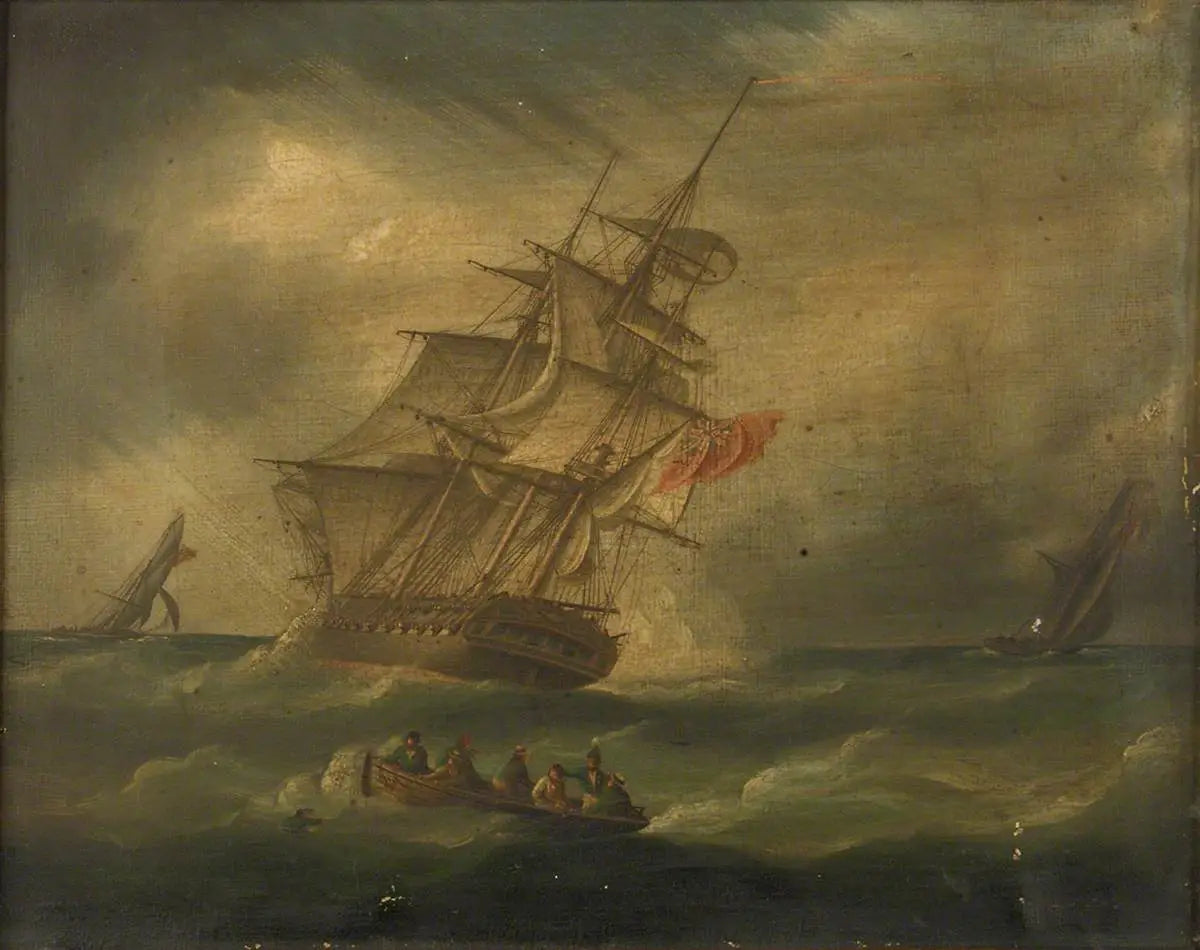 Une frégate et un cotre naval poursuivant un cotre français avec un bateau récupérant un homme à la mer - James E.