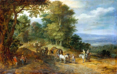Paysage vallonné avec des silhouettes sur une route - Jan Brueghel l'Ancien