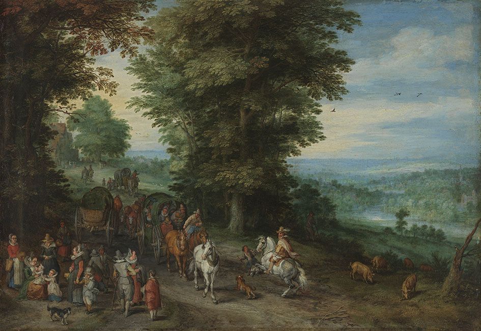 Route de campagne avec des voyageurs élégants, dont une mère allaitante - Jan Brueghel l'Ancien