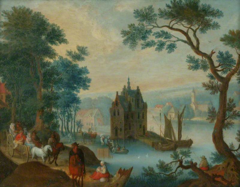 Paysage avec des personnages sur un chemin au premier plan et un château sur une rivière - Jan Brueghel l'Ancien