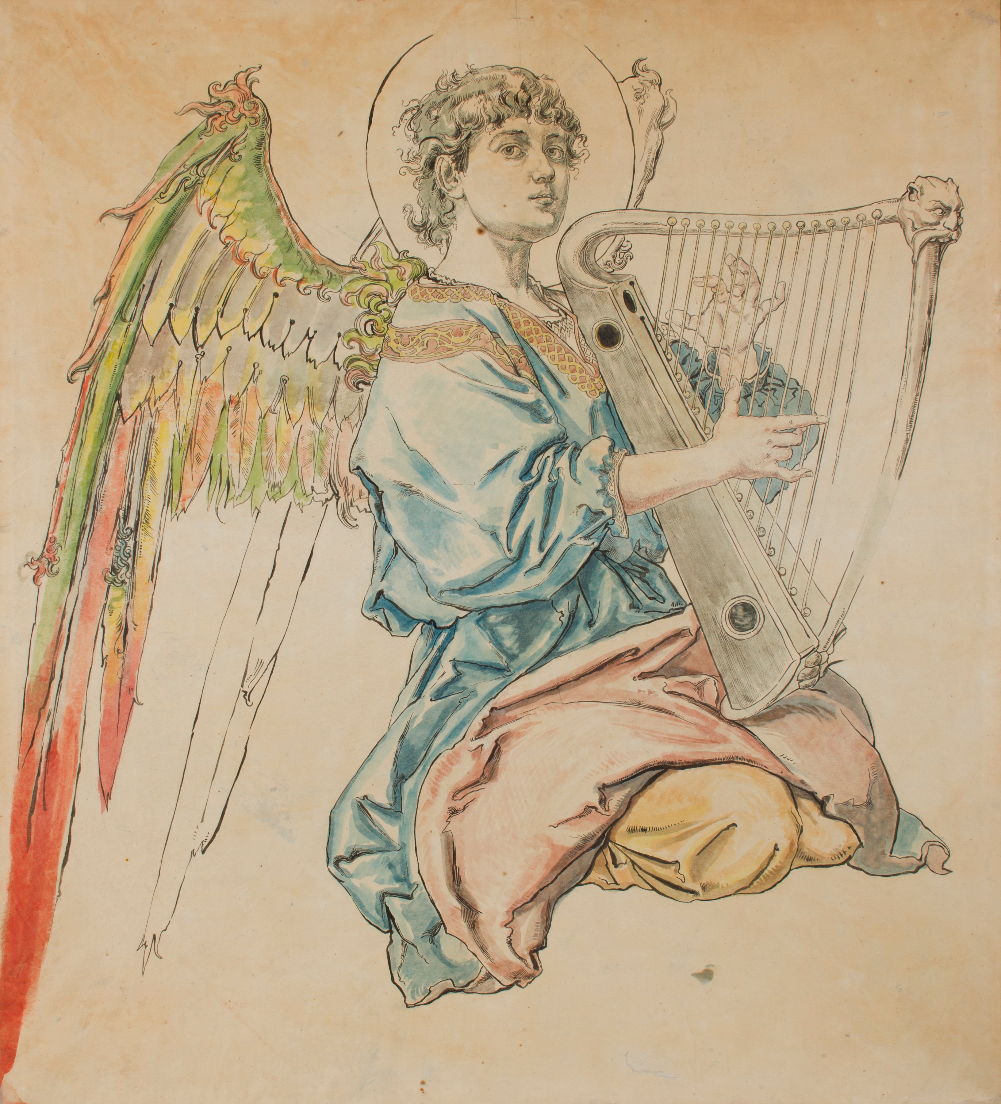 Carton pour la polychromie de l'église Sainte-Marie – Figure d'un ange jouant du luth - Jan Matejko