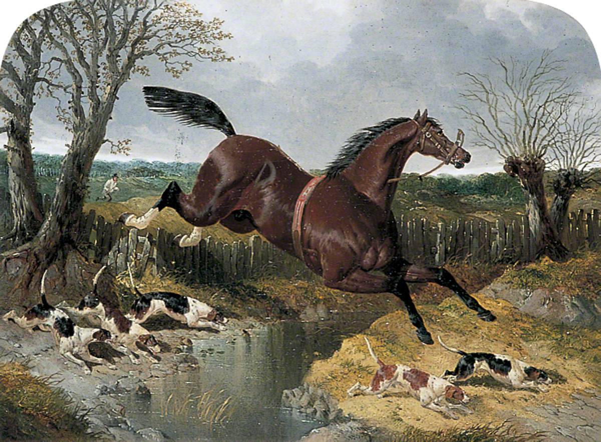 Cheval alezan fugueur avec des beagles - John Frederick Herring, Sr.