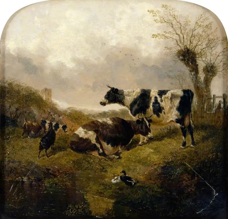 Kaksi lehmää, vuohia ja ankkoja maisemassa - John Frederick Herring, Sr.