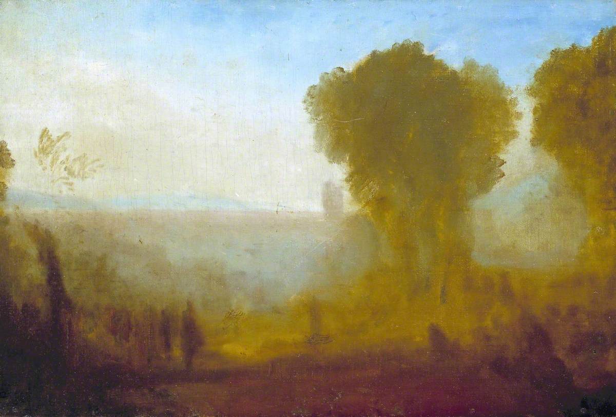 Reproduction du tableau « Landscape with Tower, Trees and Figures; possibly Arcueil near Paris - J. M. W. Turner » par Alpha Reproduction en peinture à l’huile