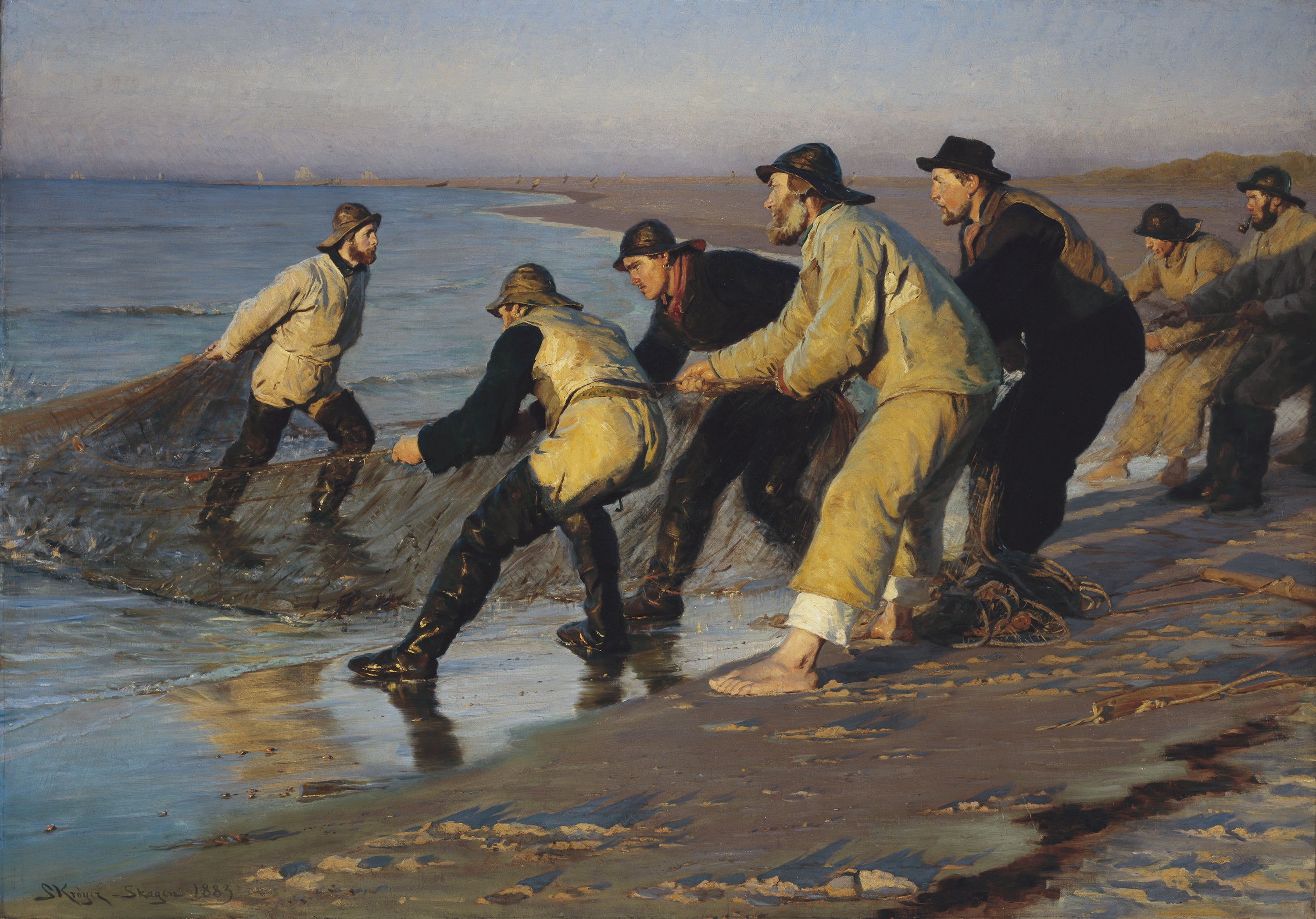 Kalastajat nostavat verkkojaan Skagenin pohjoisrannalla. Iltapäivän loppu. - Peder Severin Krøyer
