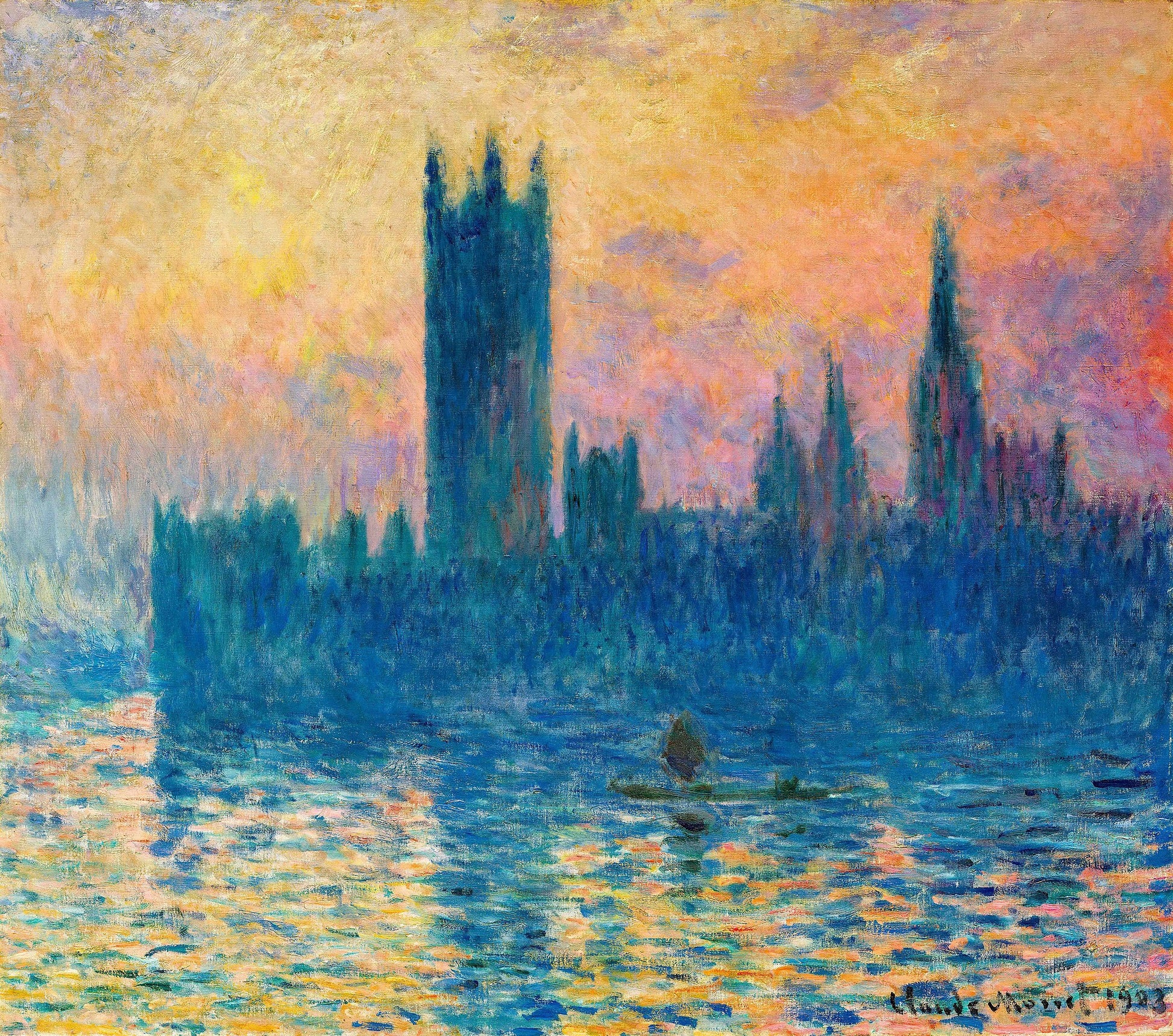 Lontoon parlamentti, laskeva aurinko - Claude Monet