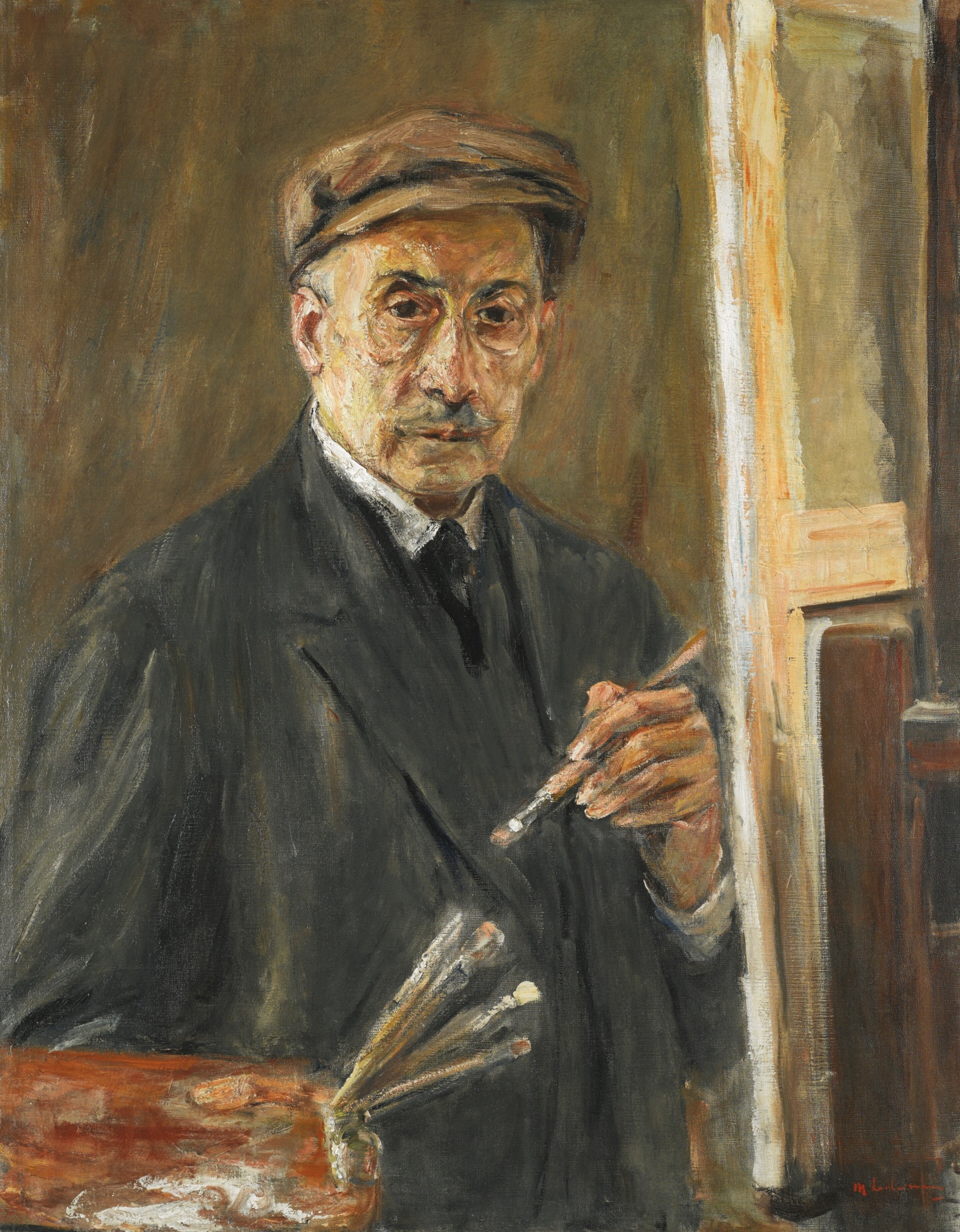 itseportraiitti viitta päällä, maalaustyökalut ja paletti - Max Liebermann