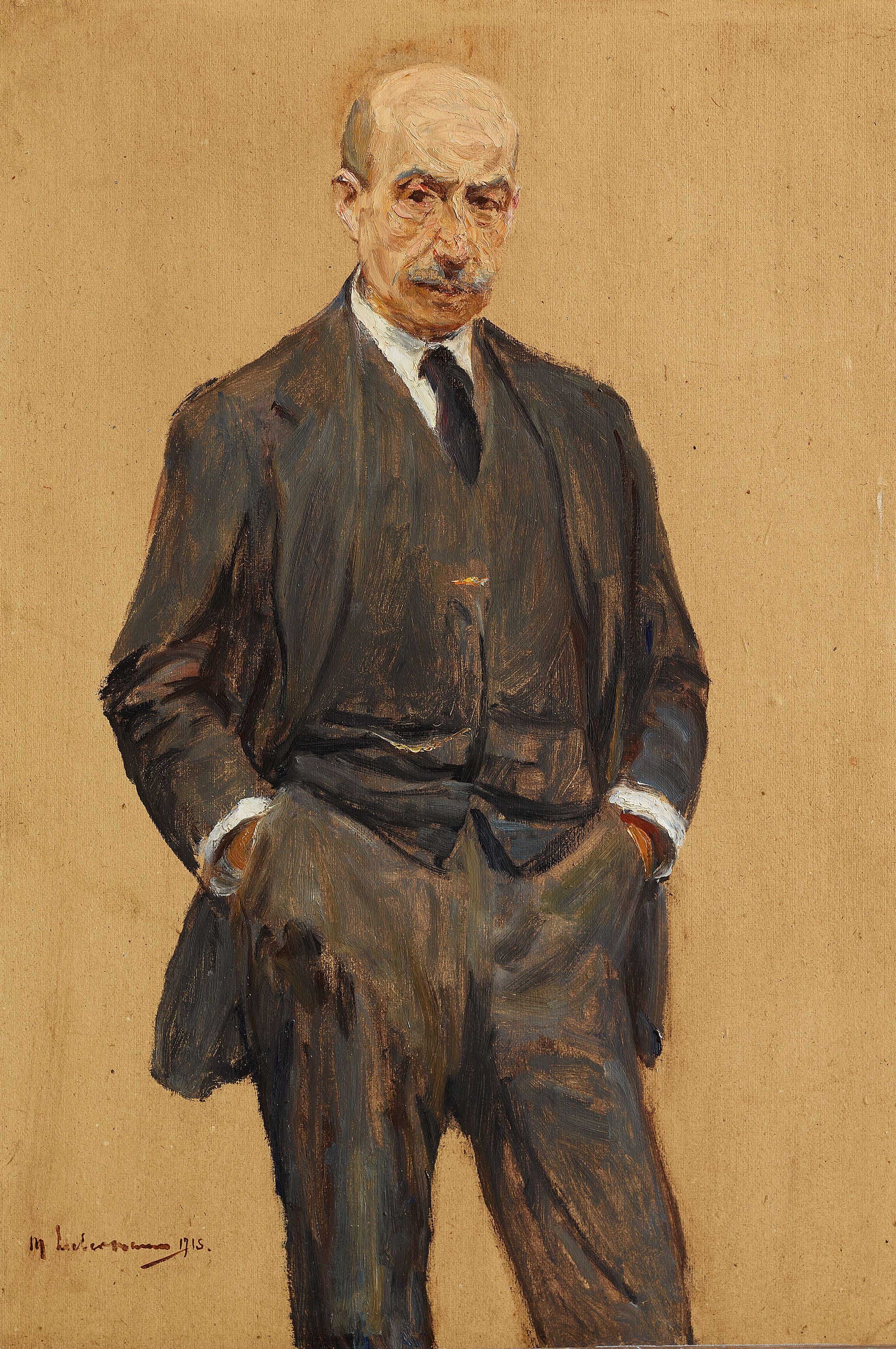Itseportraiitti, seisova kolmannesta neljänneksestä, molemmat kädet housujen taskuissa (Selbstbildnis, stehend in Dreiviertelfigur, beide Hände in den Hosentaschen) - Max Liebermann