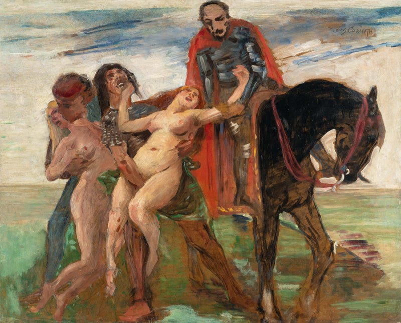 Sieppauskohtaus hedelmöittymisen hetkellä (Leukippen tyttärien ryöstö) - Lovis Corinth