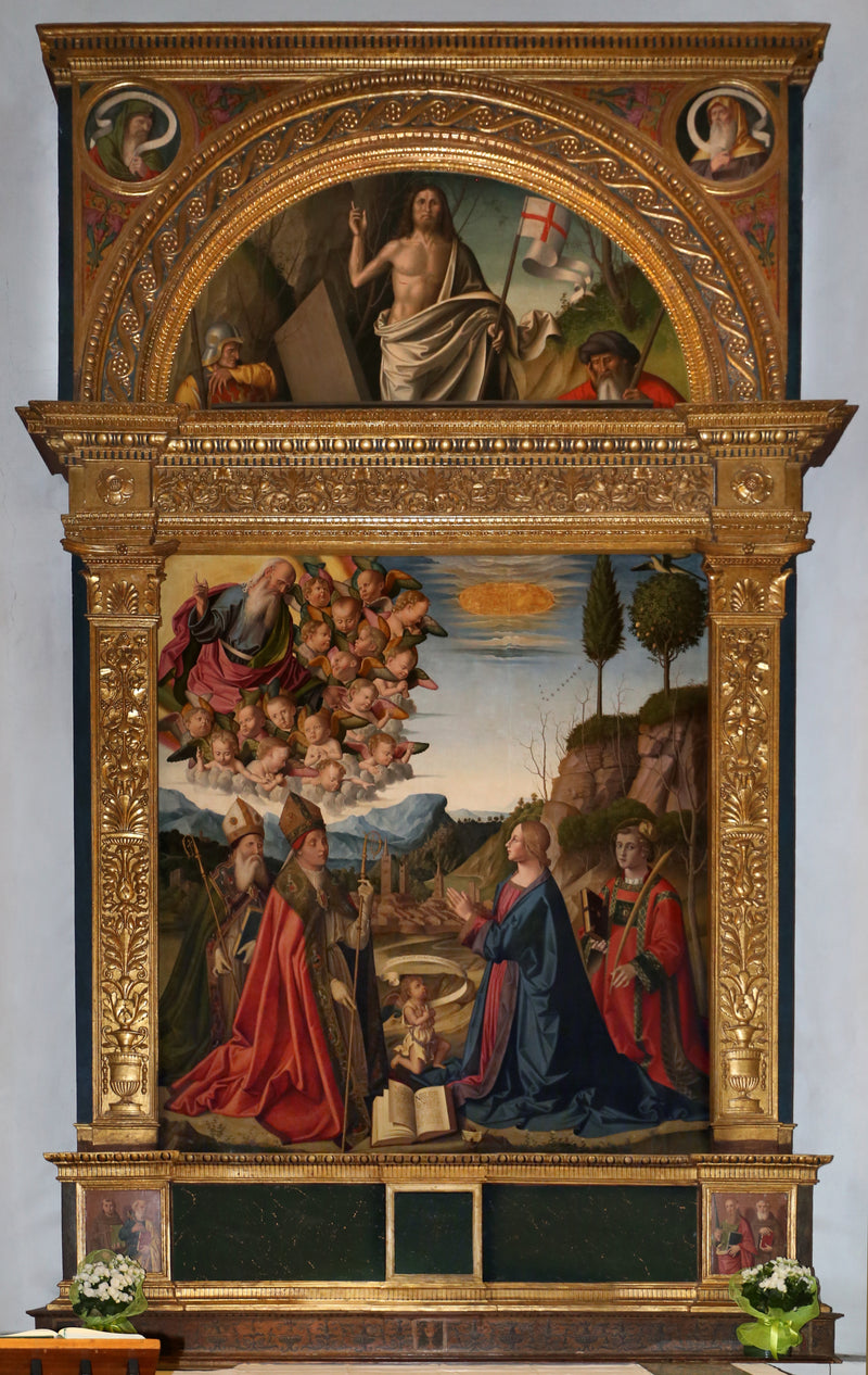 Immaculée conception avec le Dieu le père en gloire et les saints Anselme, Augustin et Étienne - Marco Palmezzano