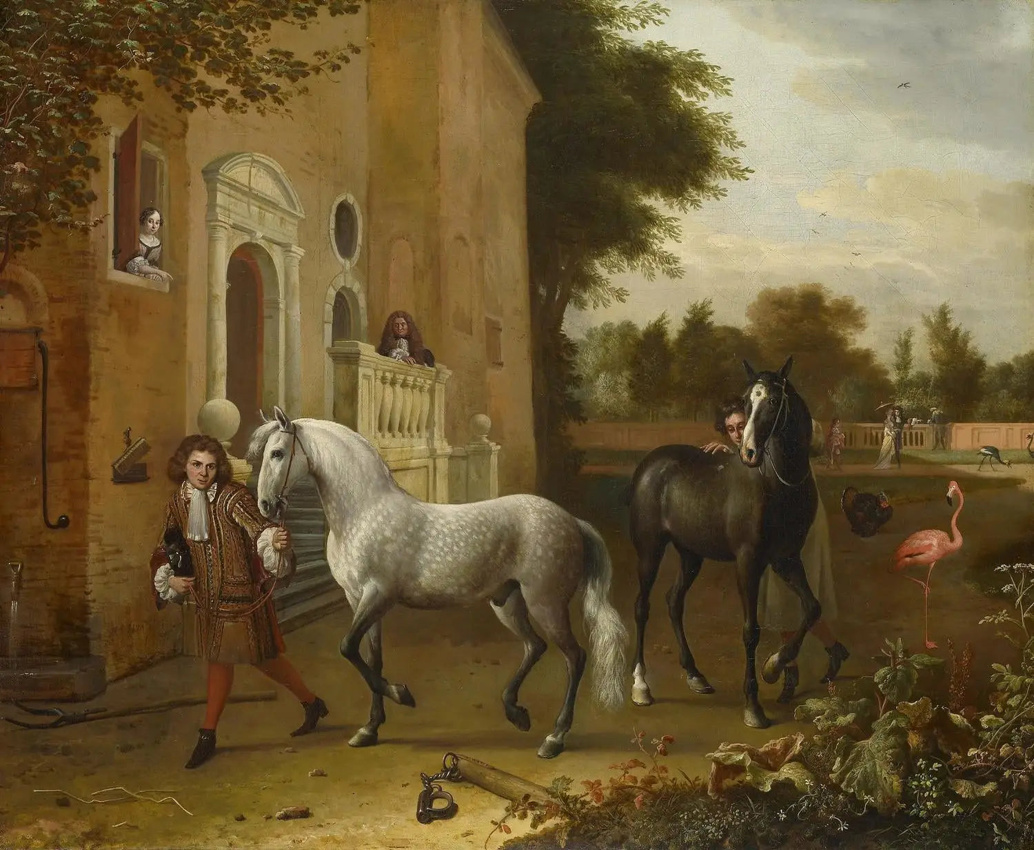 Palefreniers avec chevaux un gris et un bai foncé au château de Nijenrode - Melchior de Hondecoeter - Alpha Reproduction