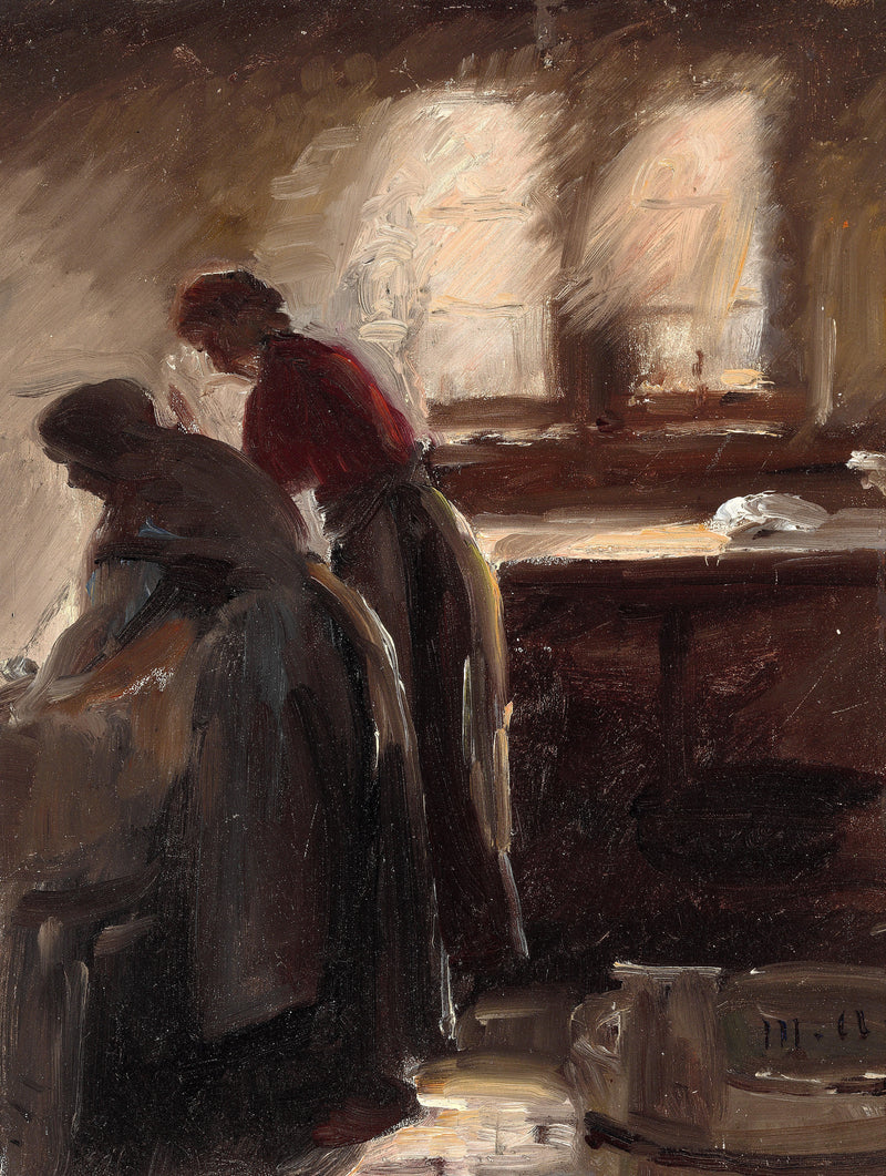 Keittiön sisustus, jossa kaksi naista työskentelee. - Michael Peter Ancher