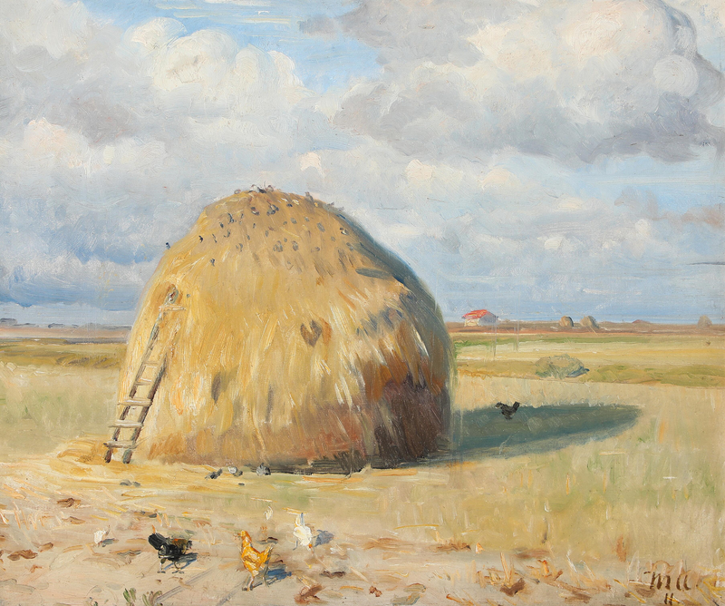 Kesäpäivä Skagenissa kanojen kanssa heinäsuovan lähellä. - Michael Peter Ancher