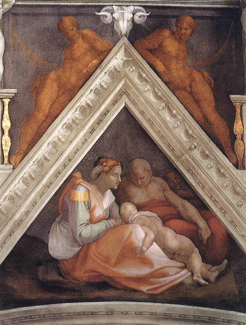 Reproduction du tableau « Voûtain au-dessus de Zorobabel, Abioud et Éliakim - Michel-Ange » par Alpha Reproduction en peinture à l’huile