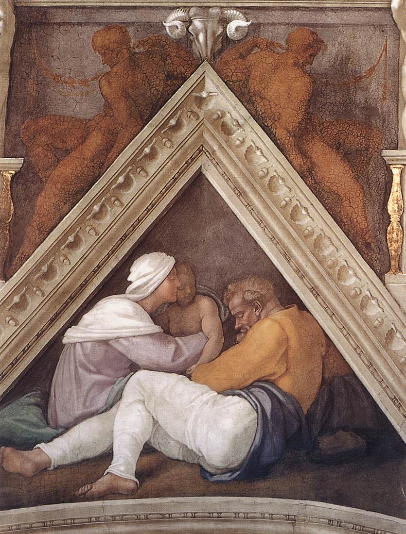 Reproduction du tableau « Voûtain au-dessus de Josias, Jéchonias et Salathiel - Michel-Ange » par Alpha Reproduction en peinture à l’huile