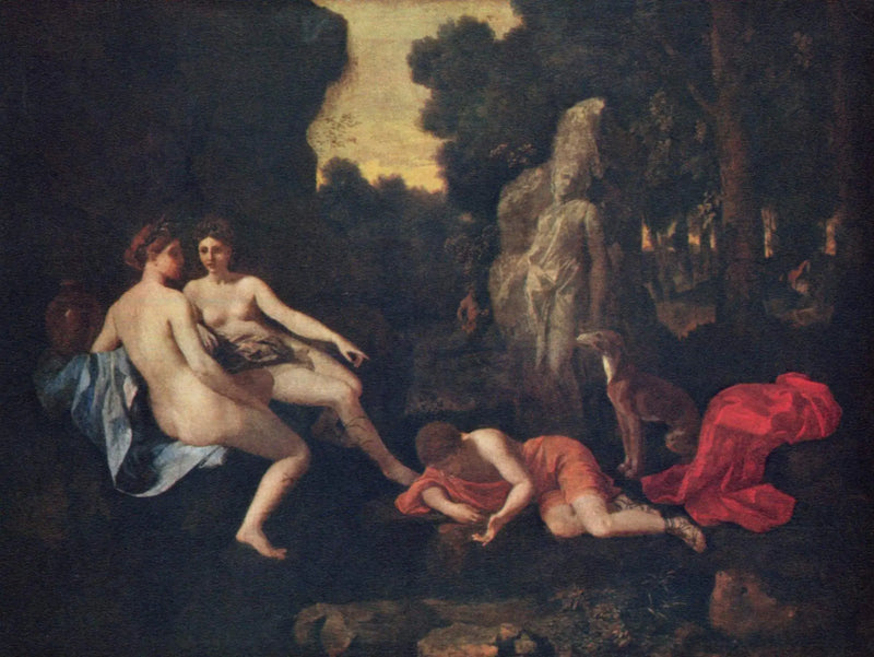 Narcissi kahden nymfin ja Ekon kanssa - Nicolas Poussin