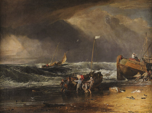 Rannikkonäyttämö kalastajista vetämässä venettä maihin - J. M. W. Turner