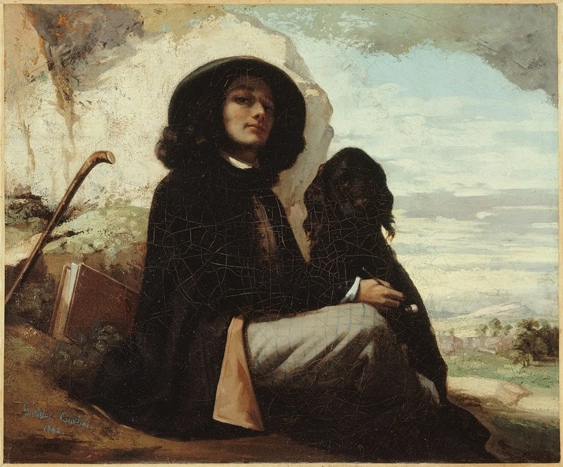 Itsekuvaus mustavalkoisen koiran kanssa - Gustave Courbet