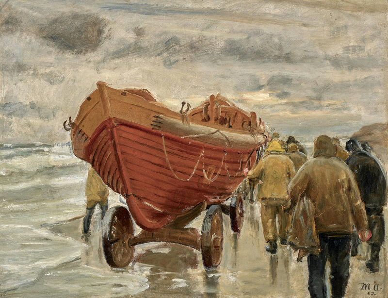 Kalastajat vetävät pelastusvenettä rantaa pitkin. - Michael Peter Ancher