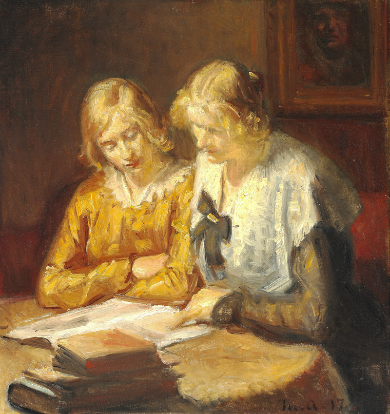 Kaksi nuorta naista istuu pöydän ääressä ja lukee kirjaa - Michael Peter Ancher