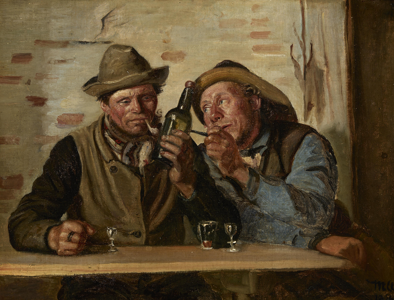 Kaksi skagenilaista kalastajaa nauttii savukkeesta ja drinkin majatalossa. - Michael Peter Ancher