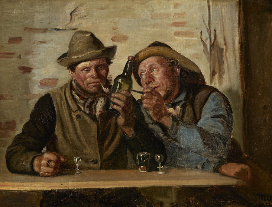 Kaksi skagenilaista kalastajaa nauttii savukkeesta ja drinkin majatalossa. - Michael Peter Ancher