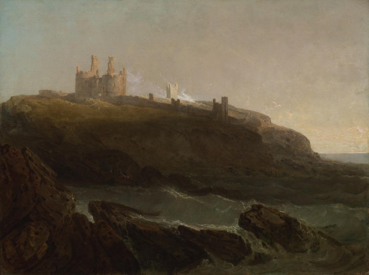 Dunstanburghin linna, Pohjois-Northumberlandin koillissaarilla, auringonnousu myrskyisen yön jälkeen - J. M. W. Turner