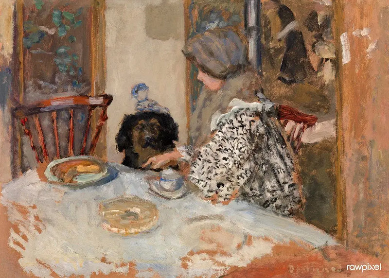 Nainen ja koira pöydän ääressä - Pierre Bonnard