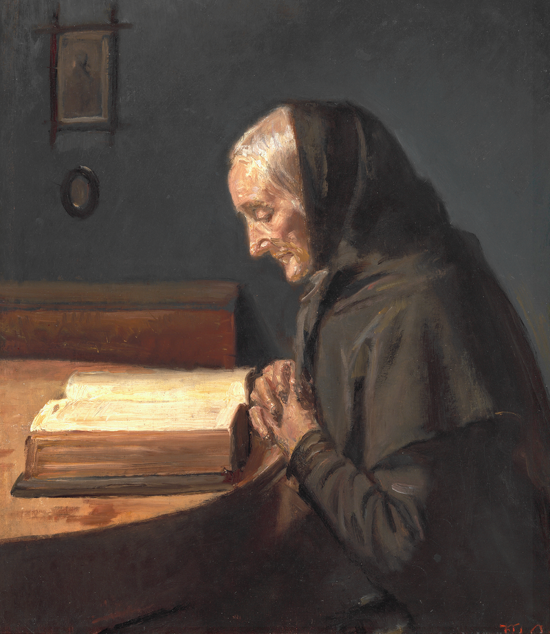 Sisustus, jossa taiteilijan anoppi Ane Bründum profiilissa lukemassa Raamattua. - Michael Peter Ancher