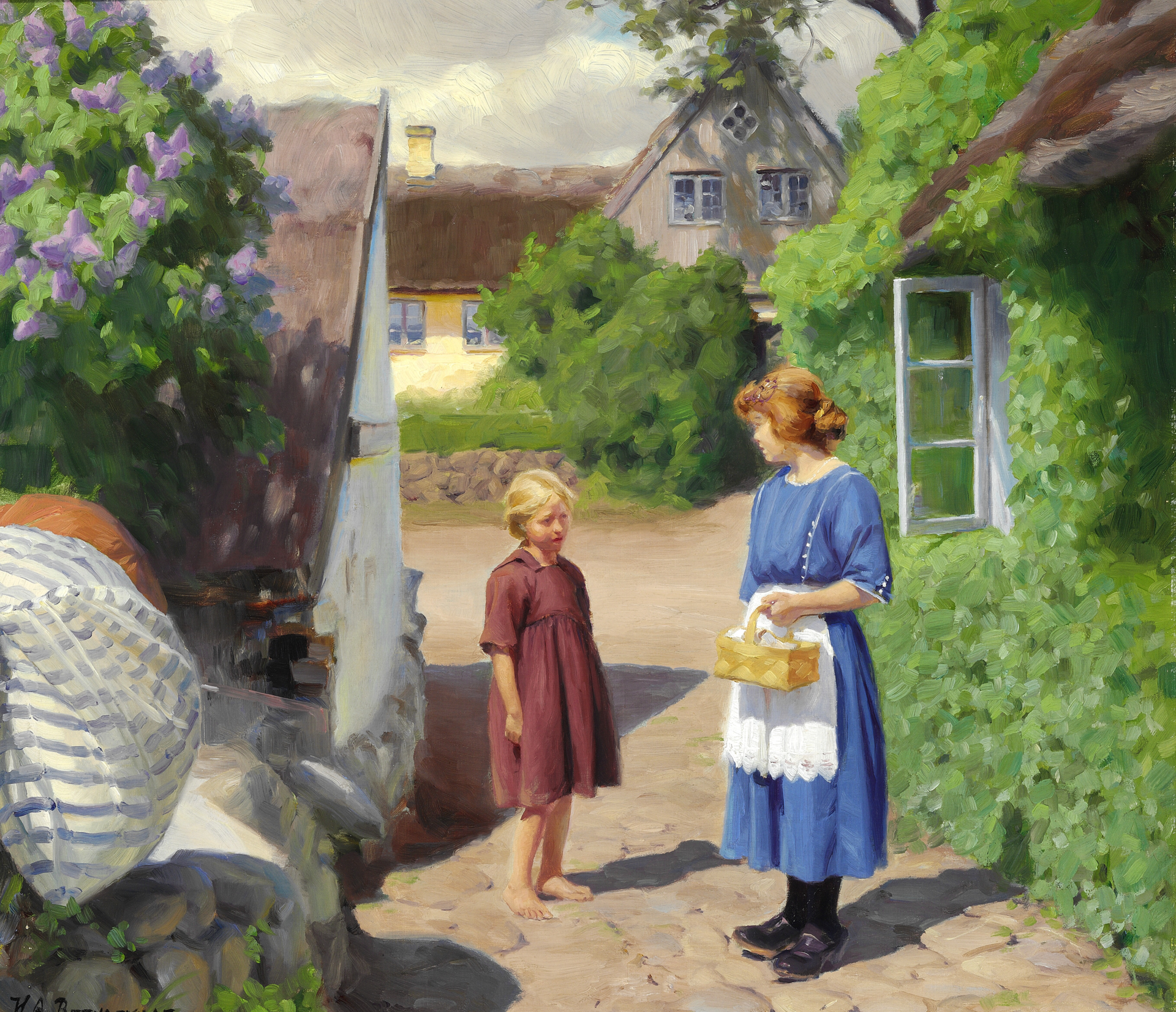 Journée d'été à Jyllinge. Lilas en fleurs et petites filles dans la rue du village. - H. A. Brendekilde
