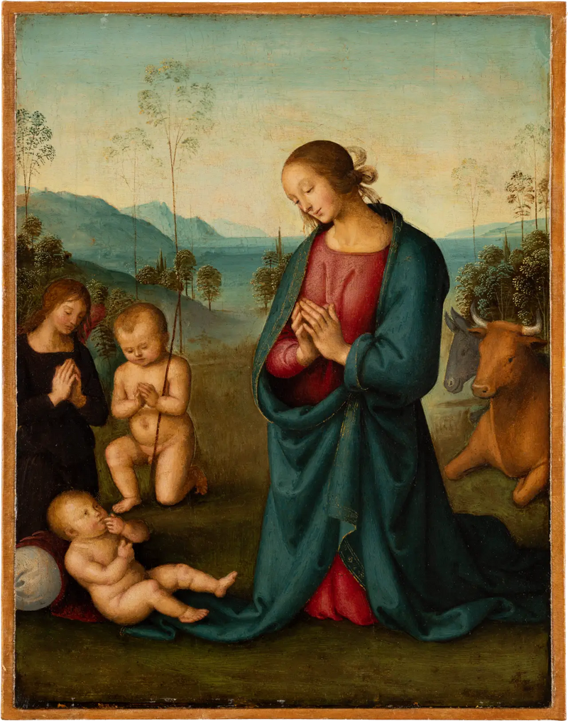 La Madone, Pyhä Johannes-lapsi ja enkeli, jotka palvovat Jeesus-lasta - Pietro Perugino