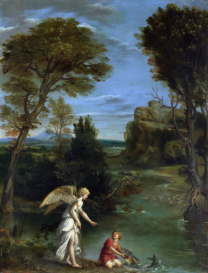 Maisemakuva Tobien kalastamassa kalaa - Domenichino