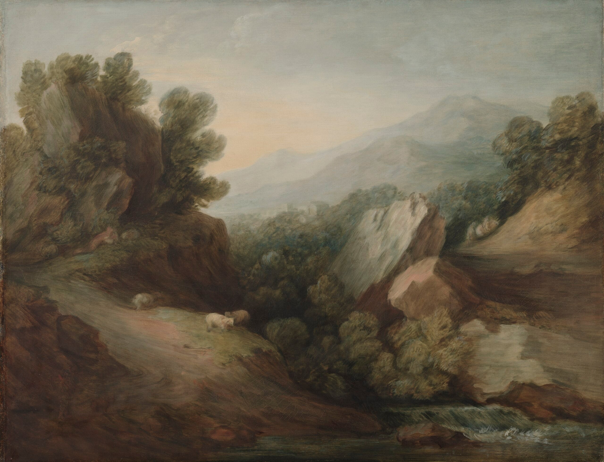 Paysage rocheux et boisé avec un vallon et un barrage - Thomas Gainsborough