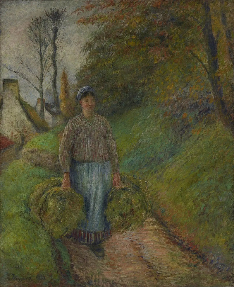 Maalaisnainen, joka kantaa kahta heinäkekoa - Camille Pissarro