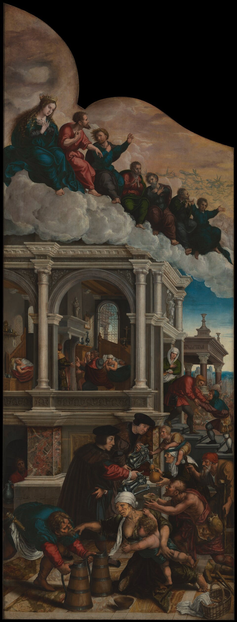 Trois actes de miséricorde : donner à boire aux assoiffés, visiter les malades et héberger les étrangers. - Bernard van Orley