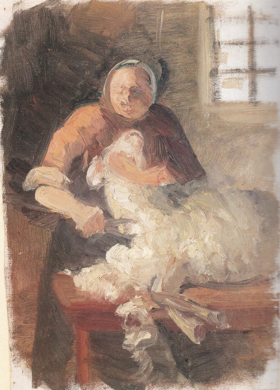 Nainen keritsee lampaan - Anna Ancher