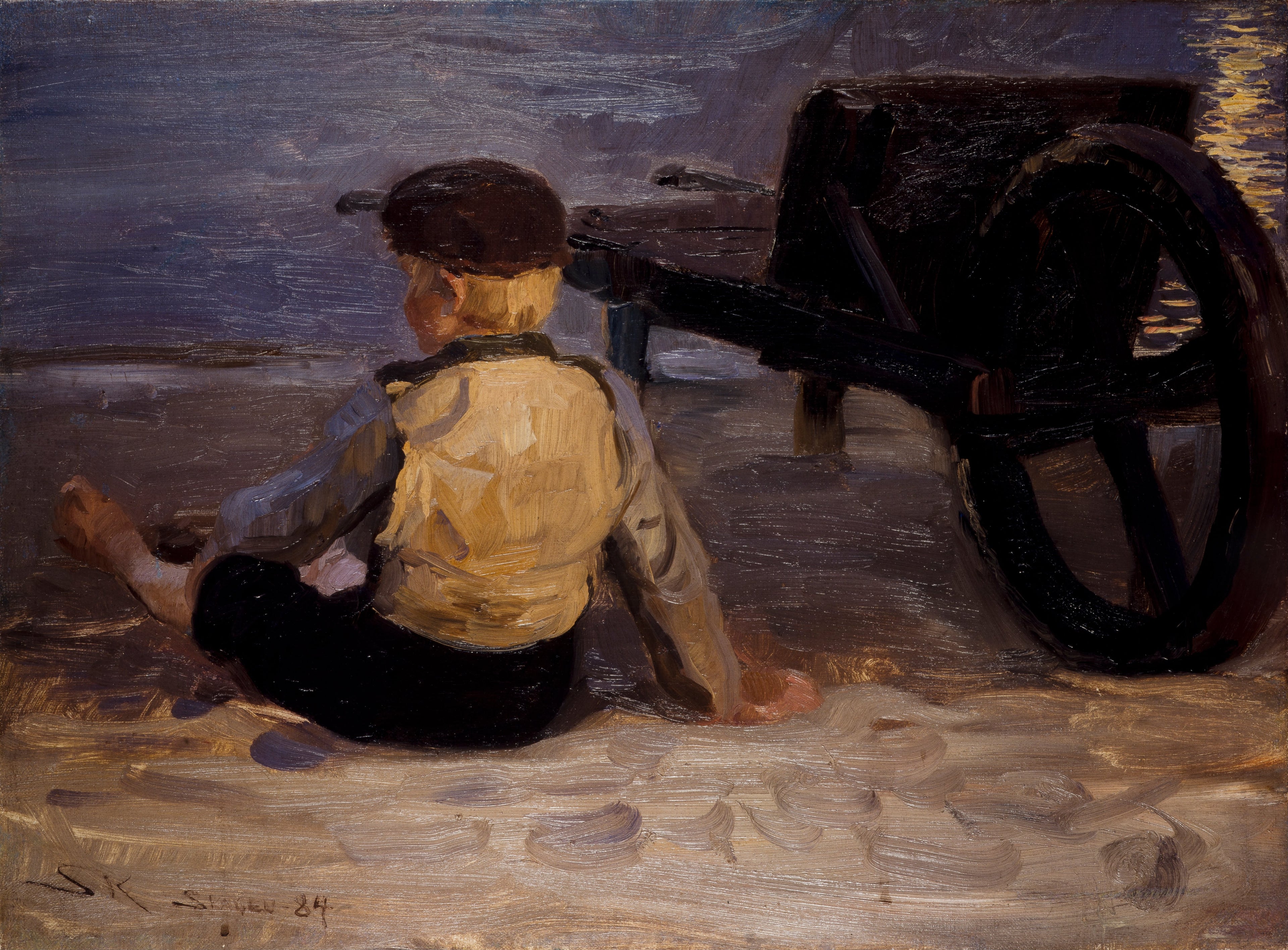 Nuori kalastaja istuu kärryn vieressä. Skagenin eteläranta. - Peder Severin Krøyer