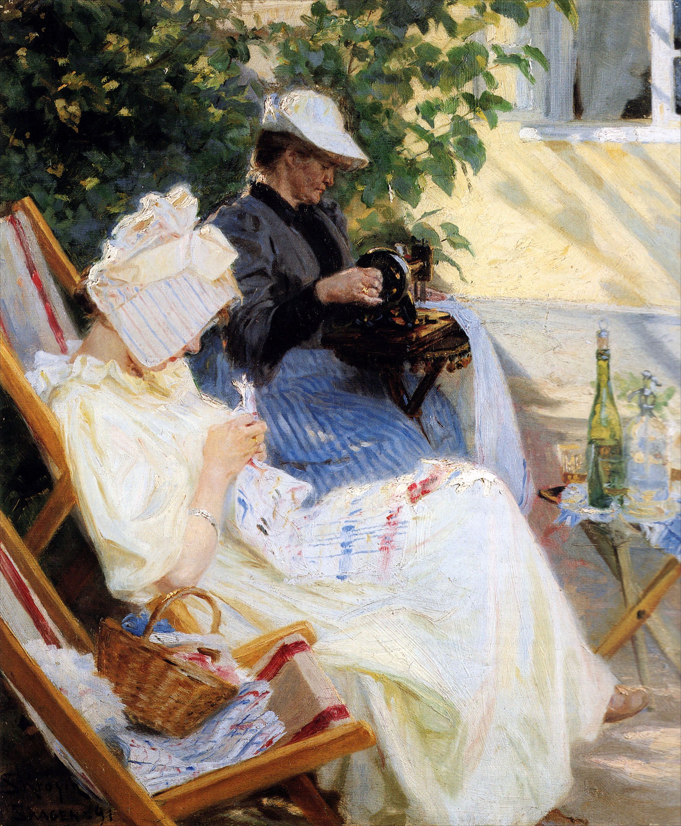 Kaksi naista puutarhassa. Marie Krøyer ja hänen äitinsä. Skagen - Peder Severin Krøyer