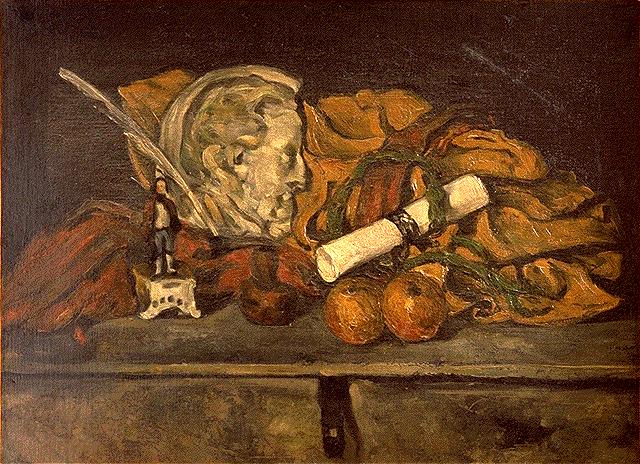 Reproduction du tableau « Les Accessoires de Cézanne. Nature morte au médaillon de Philippe Solari - Paul Cézanne » par Alpha Reproduction en peinture à l’huile