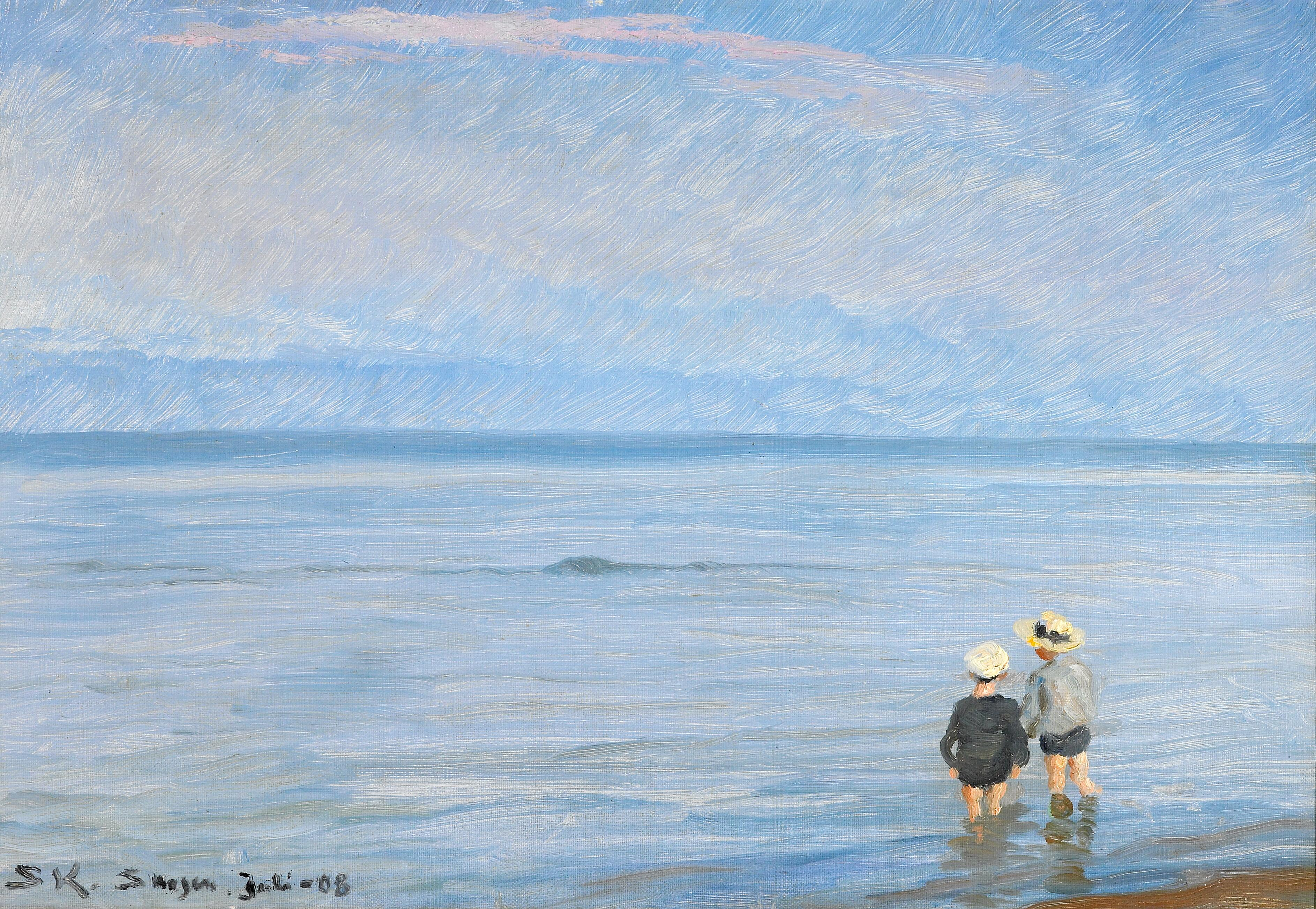 Sininen hetki. Kaksi lasta melomassa Skagenin rannalla. - Peder Severin Krøyer