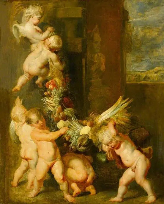 Putti kantaa hedelmäketjua - Peter Paul Rubens