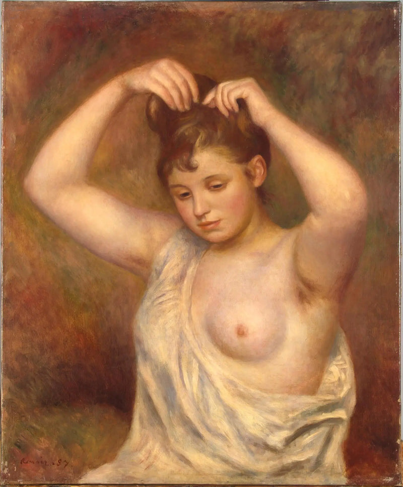 Nainen laittamassa hiuksiaan - Pierre-Auguste Renoir