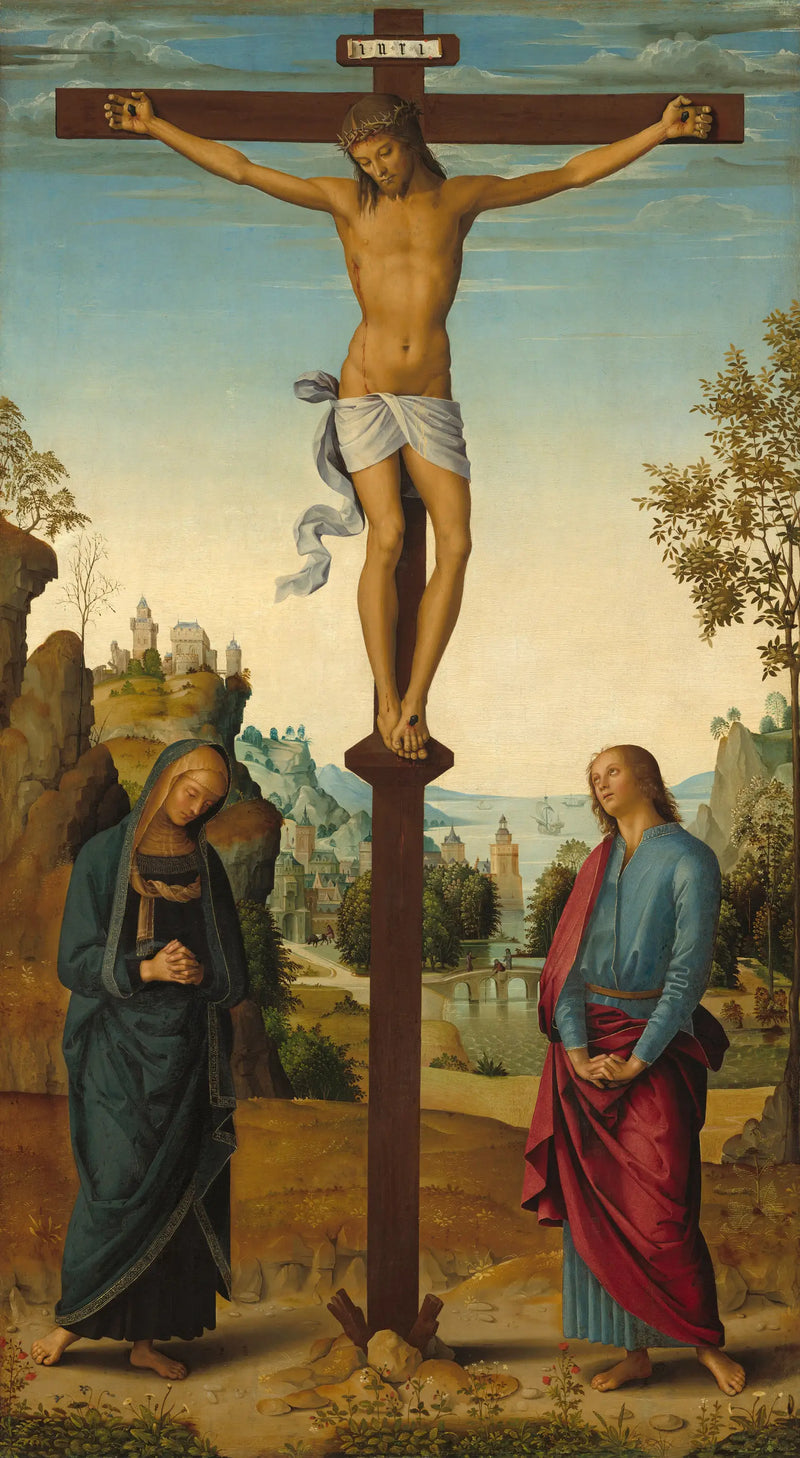 Ristiinnaulitseminen Marian, pyhän Johanneksen, pyhän Hieronymuksen ja pyhän Marian Madgalenan kanssa [keskipaneeli] - Pietro Perugino